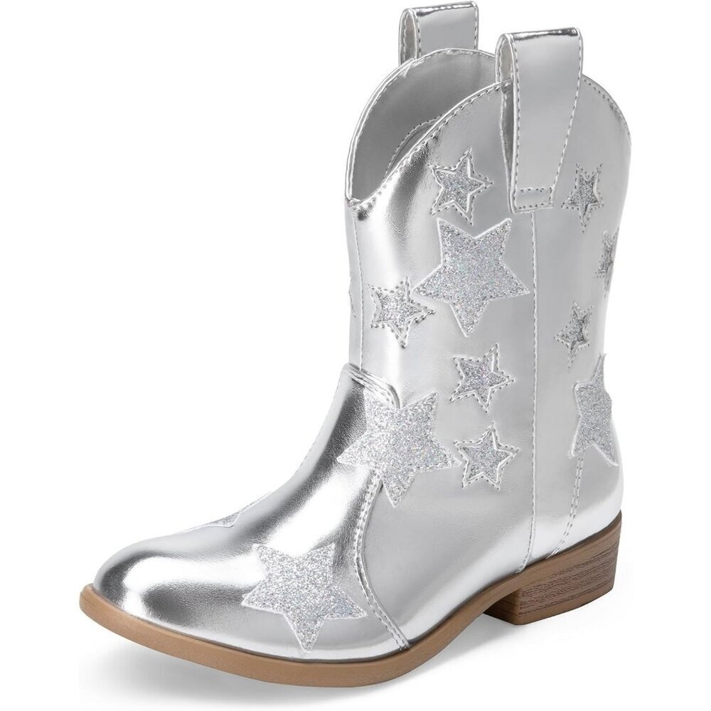 Girls Silver Cowgirl Boots Mid Calf Western Star Glitter Cowboy Riding Shoes
